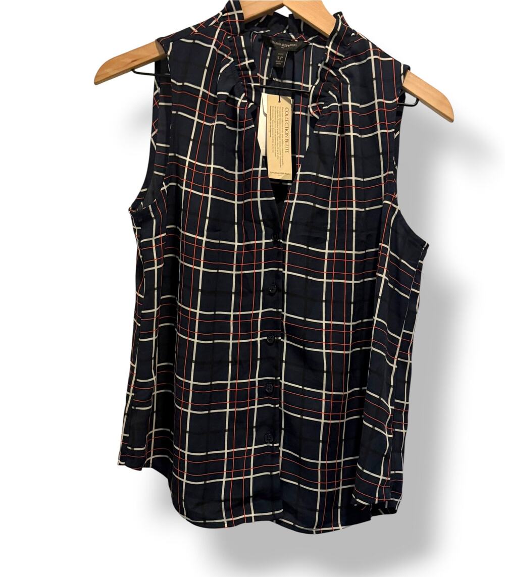 Banana Republic Petite Plaid Ruffle Sleeveless Blouse Navy Red White SP NWT